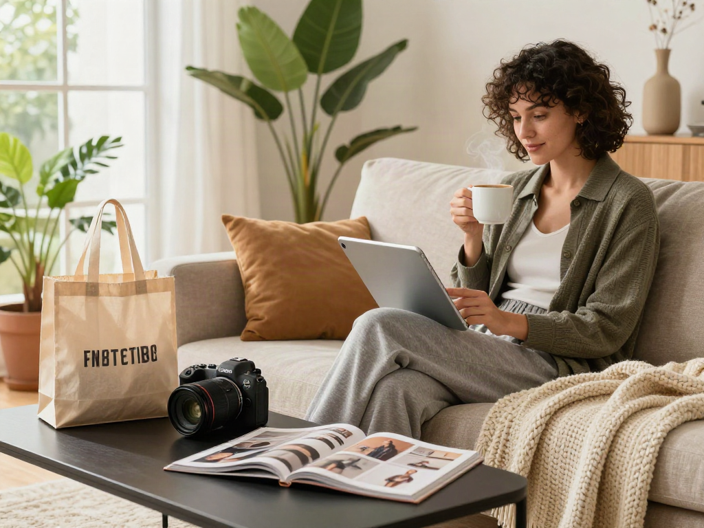 Stylish individual shopping online with tablet bro138 in cozy home setting