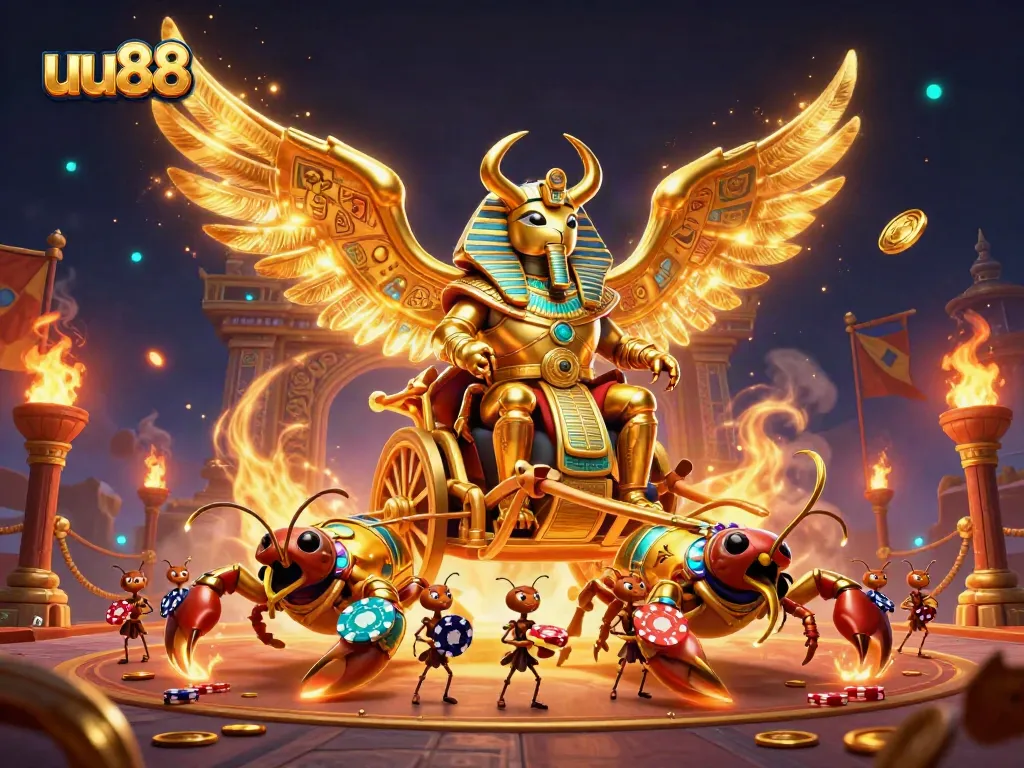 Experience thrilling gameplay at uu88 with our lively casino illustration featuring a golden scarab and gaming elements.