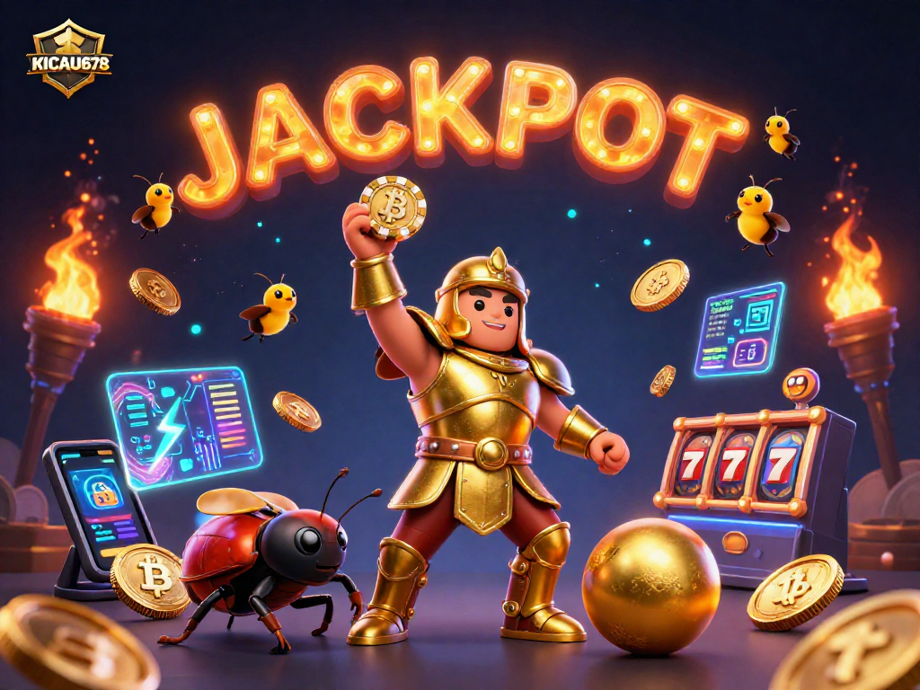 KICAU678 celebrates big wins with a victorious beetle amidst casino elements, showcasing exciting slot action.