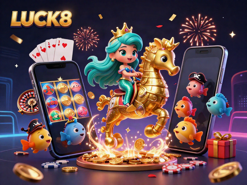 Experience LUCK8 gaming adventure with vibrant 3D characters and dynamic casino elements.