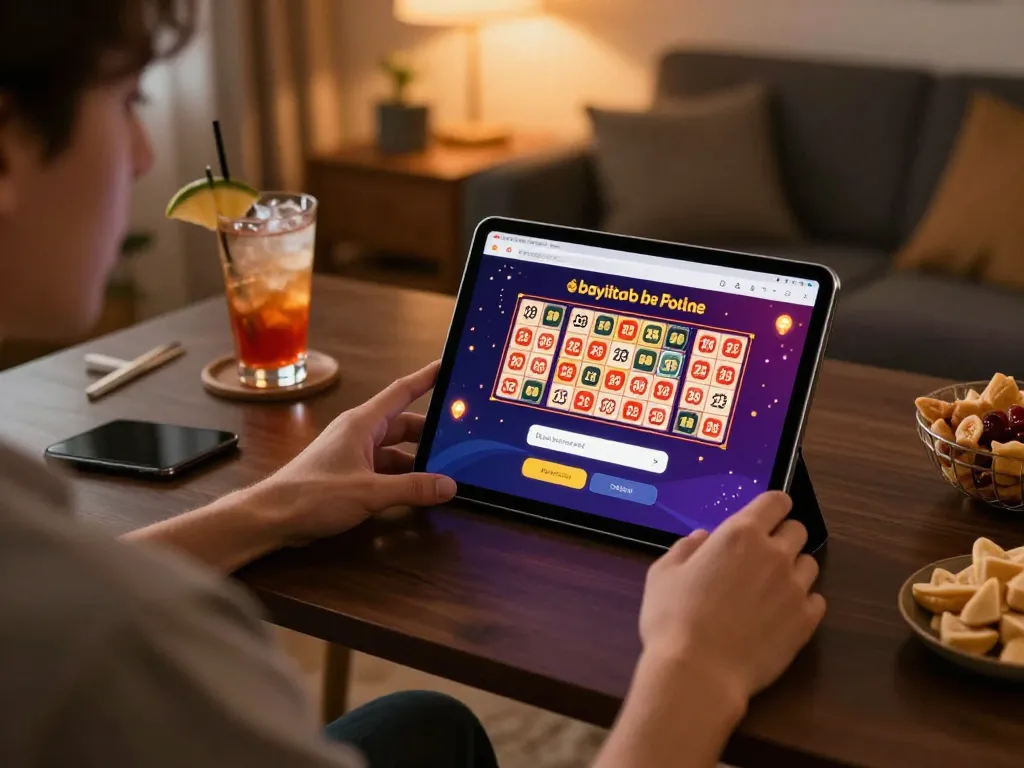 Engaging in bayitoto login on a tablet while enjoying a cozy home gaming session, showcasing dynamic lottery play