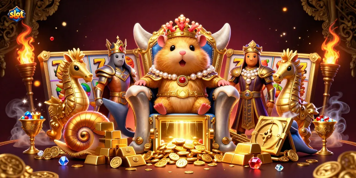 Experience thrilling slot gaming with a golden hamster king amidst royal seahorses, treasures, and dynamic gaming elements.