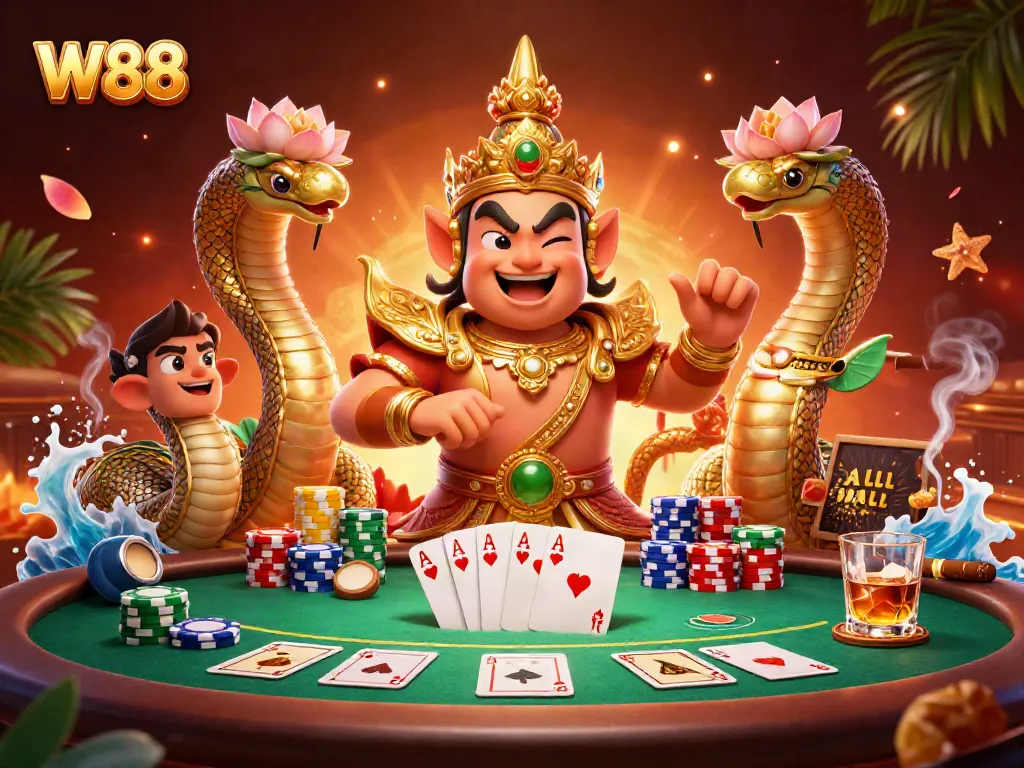 Experience the thrill of W88 with a vibrant casino illustration featuring poker thrills.