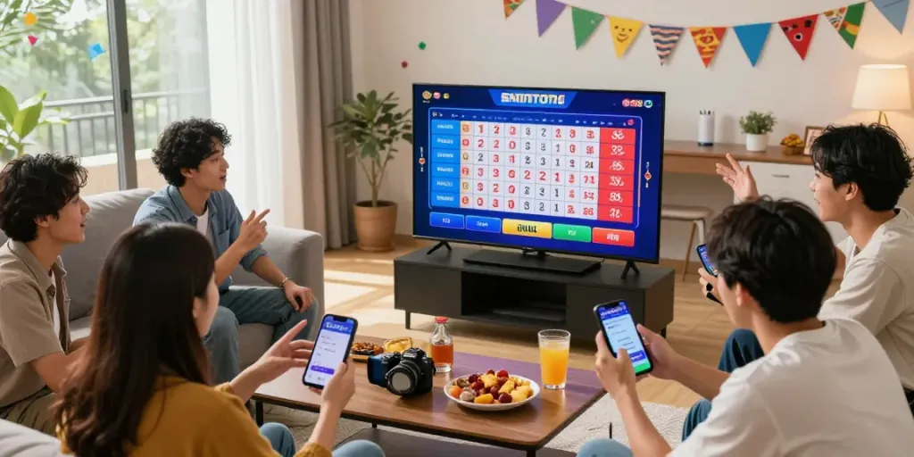 Suasana bermain bandar togel secara online dengan teman-teman di ruang tamu modern.