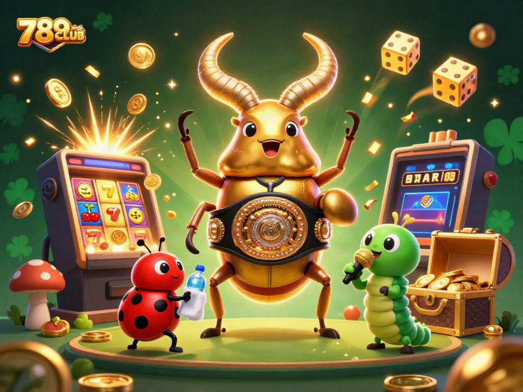 Experience excitement with 789CLUB as a glowing golden stag beetle boxing champion in a packed casino scene.