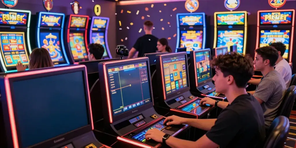 Pengalaman bermain di OMTOGEL dengan mesin slot digital berwarna-warni dan pemain yang terlibat.