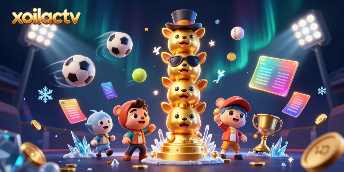 Xoilactv showcases vibrant 3D casino totems amid dynamic sports elements, encapsulating the thrilling online gambling experience.