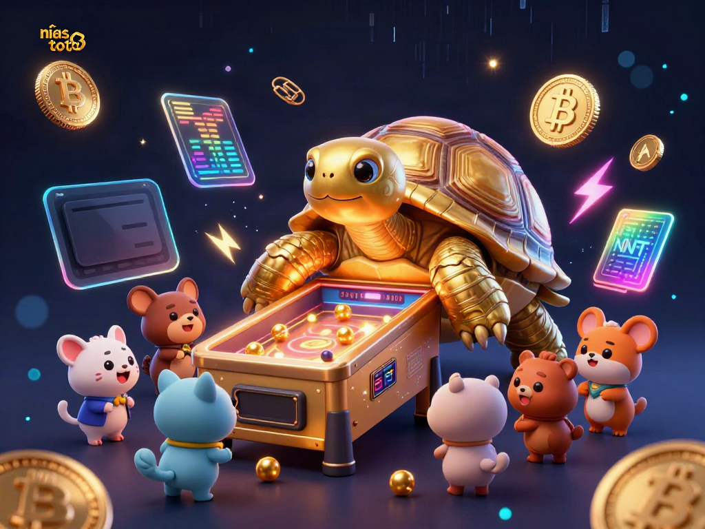 Gambar nias toto menampilkan kura-kura emas raksasa bermain pinball dengan elemen kasino di sekelilingnya