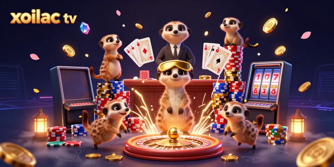 Meerkats operating a vibrant casino scene, showcasing "xoilac tv" gaming excitement with flying coins and dynamic gameplay.