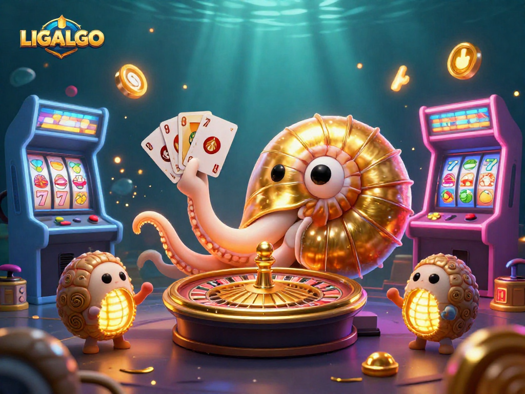 LIGALGO showcases a vibrant 3D casino world with an ancient nautilus roulette wheel and glowing gaming elements.
