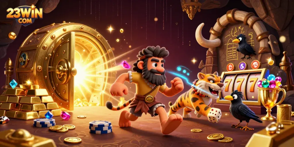 Experience thrilling gameplay at 23WIN COM with caveman and sabertooth duo in their prehistoric casino.