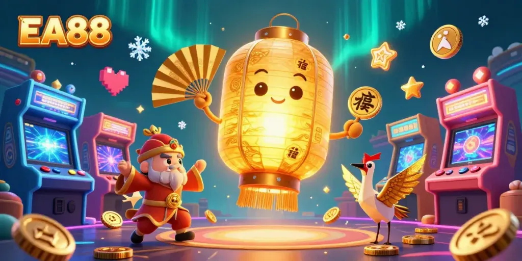 Engage with EA88's animated casino scene featuring vibrant game elements creating excitement.