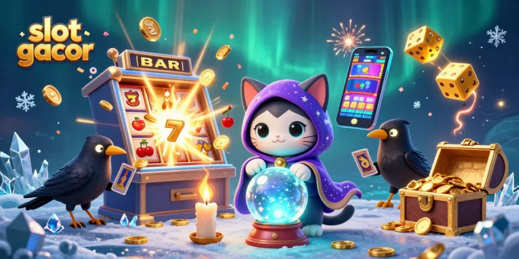 Experience the excitement of slot gacor with a mystical casino scene bursting with action and winnings.