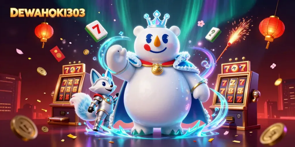 Permainan slot DEWAHOKI303 yang menegangkan diiringi raja es dan rubah bersenjata dalam ilustrasi 3D.
