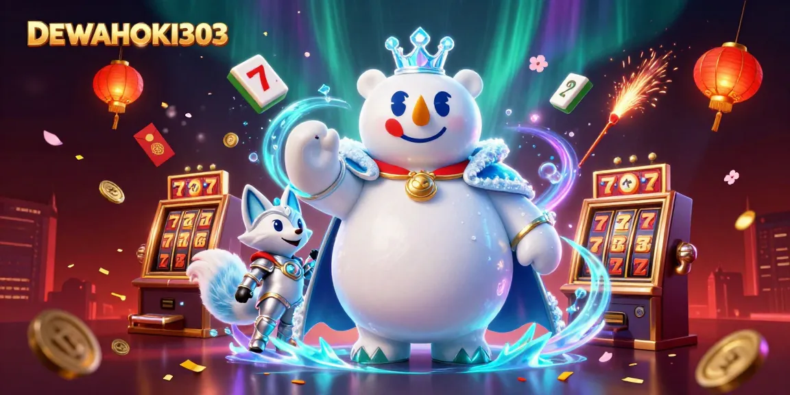 Permainan slot DEWAHOKI303 yang menegangkan diiringi raja es dan rubah bersenjata dalam ilustrasi 3D.