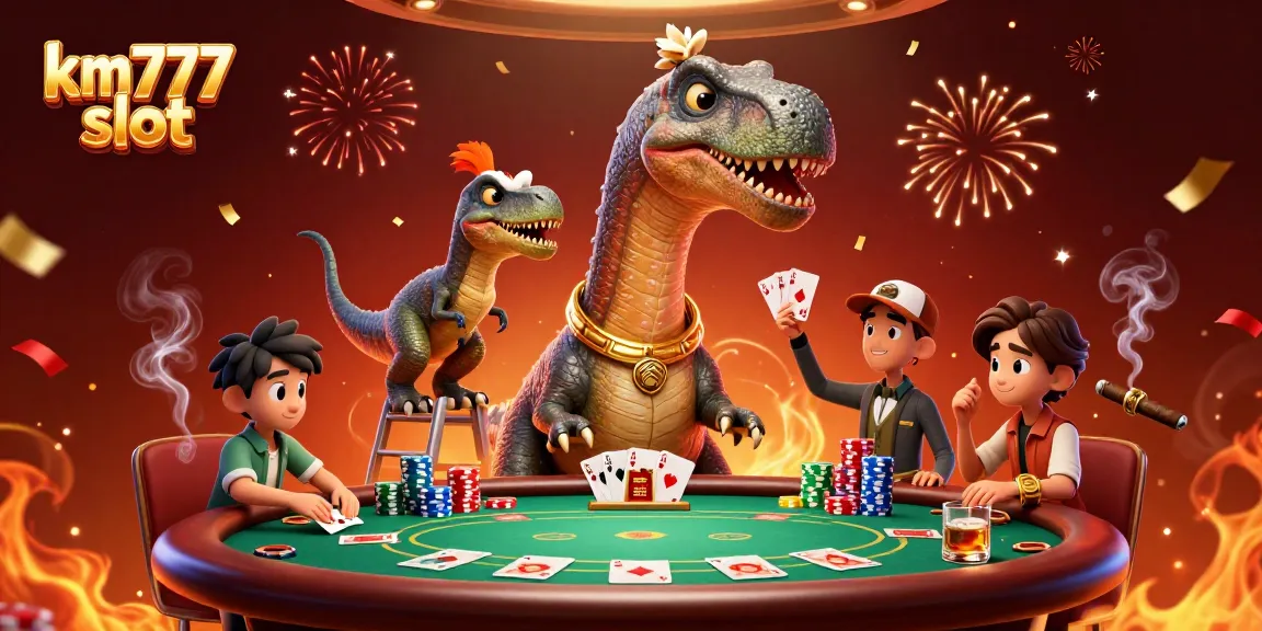 Engage with km777 slot action featuring a brontosaurus and raptor in a dynamic casino scene.