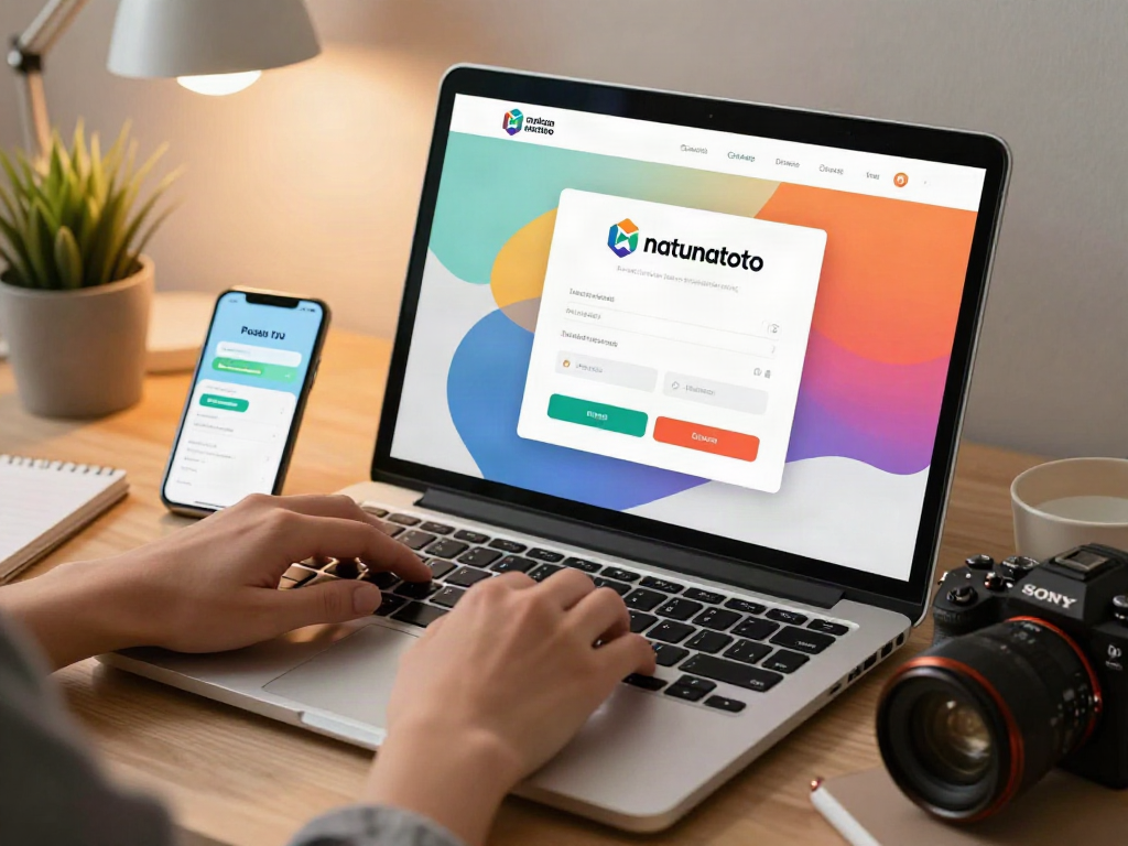 Proses natunatoto login di laptop dengan antarmuka modern dan suasana hangat.