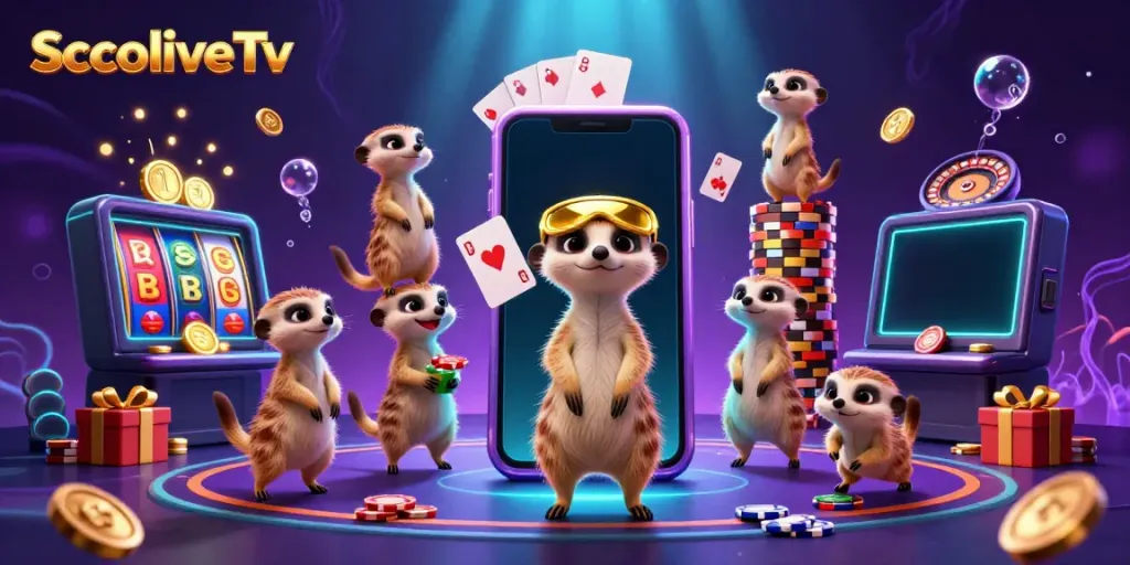 SocoliveTv immerses players in thrilling gaming experiences depicted through vibrant meerkats managing a busy casino scene.