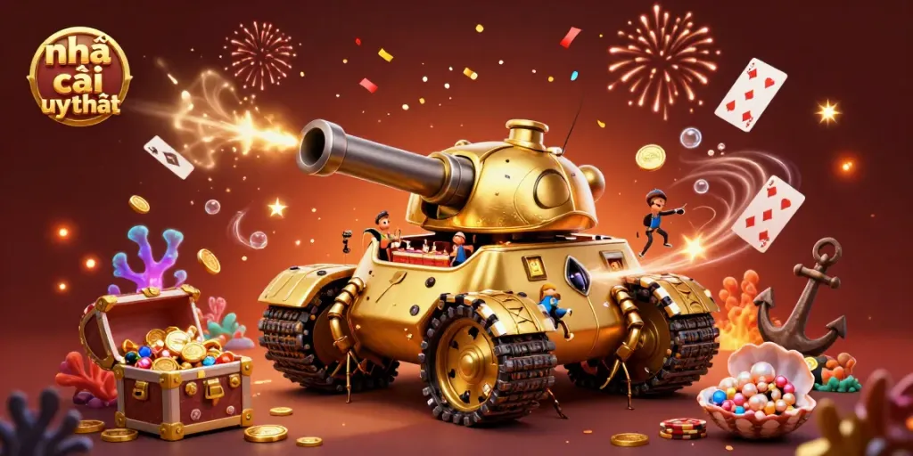 Experience the excitement of nhà cái uy tín with our vibrant 3D casino scene, showcasing a golden beetle tank and lively elements.