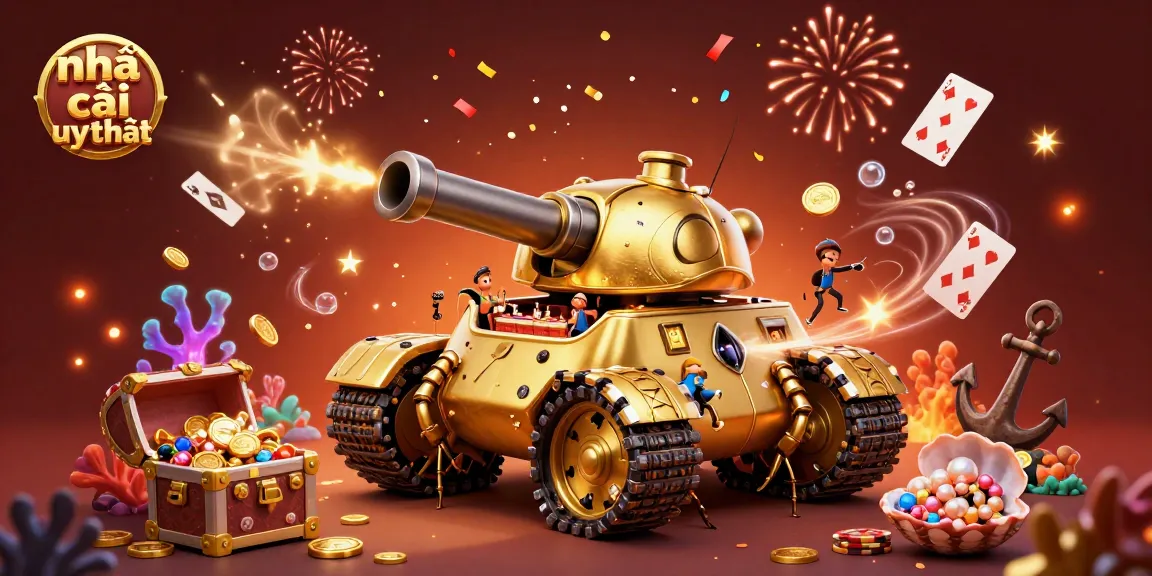 Experience the excitement of nhà cái uy tín with our vibrant 3D casino scene, showcasing a golden beetle tank and lively elements.