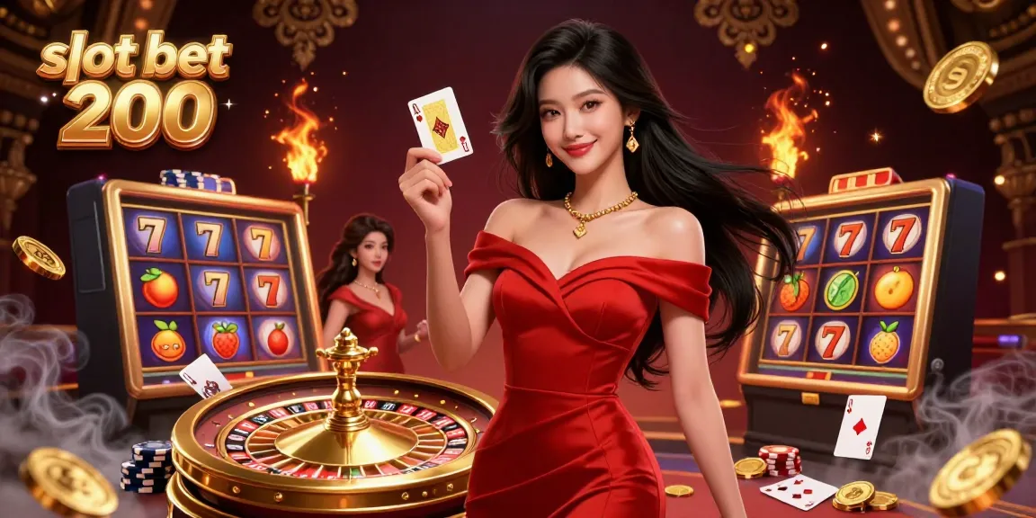Experience the thrill of slot bet 200 with a glamorous Asian woman holding a golden card beside a roulette wheel.