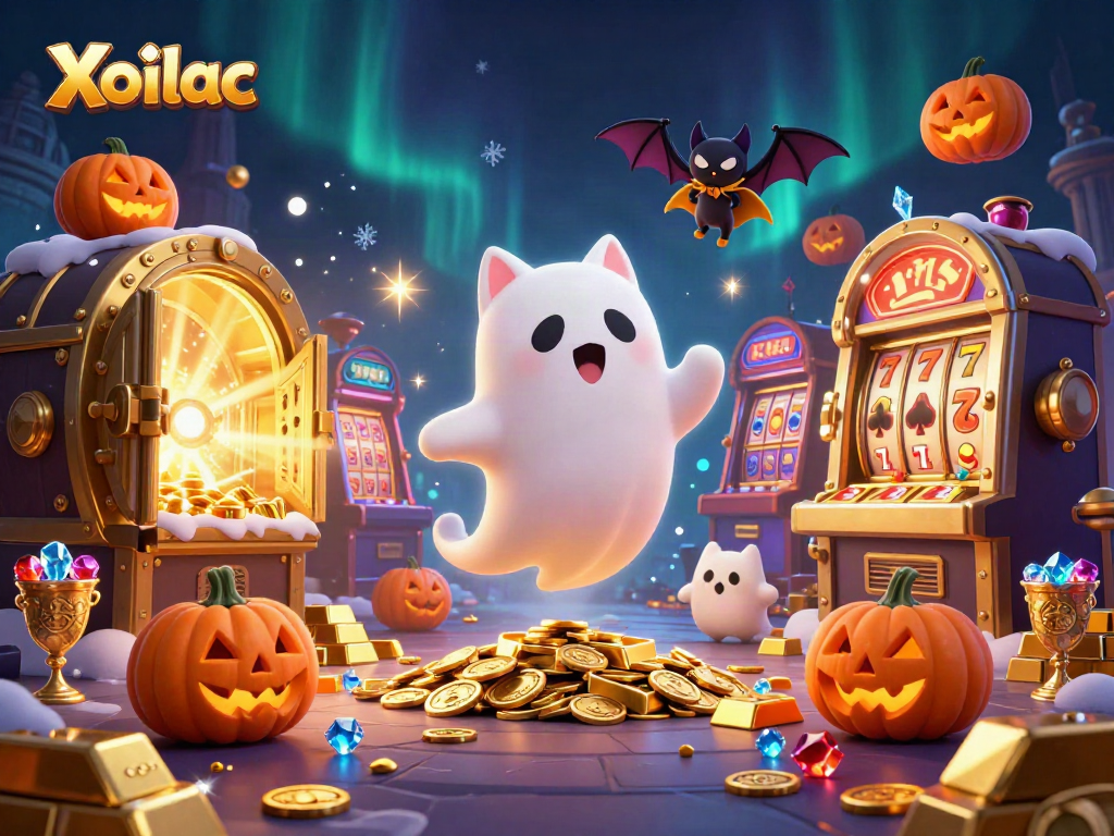 Xoilac's lively casino scene features a ghost cat and bat surrounded by vibrant slot machines and glowing treasures.