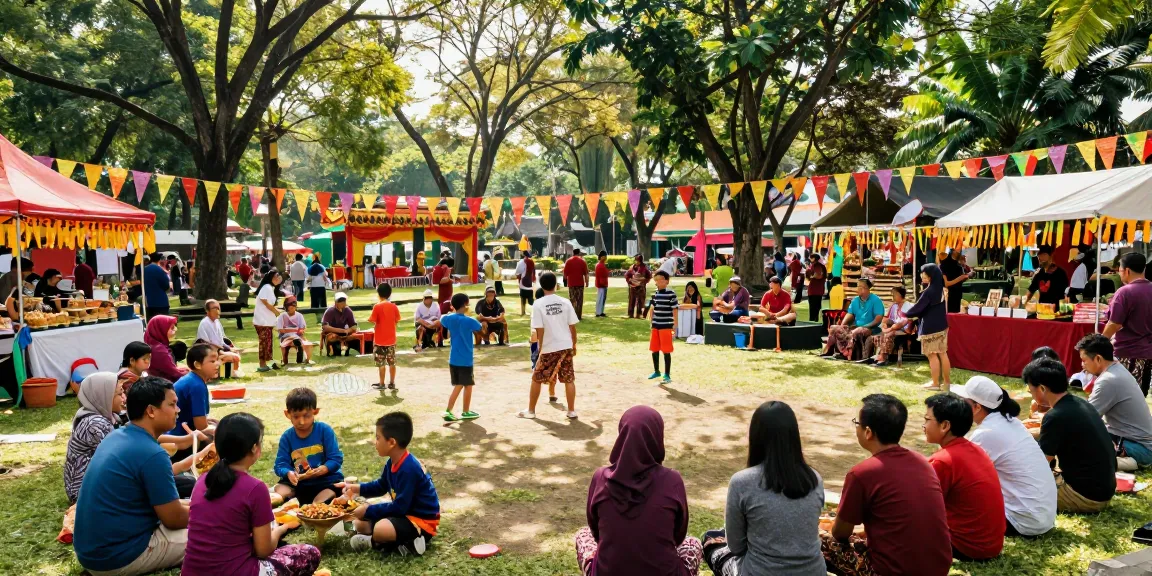 Kegiatan komunitas di Sakarya Taraf Indonesia saat acara lokal dengan Leci123, suasana ceria dan makanan tradisional.