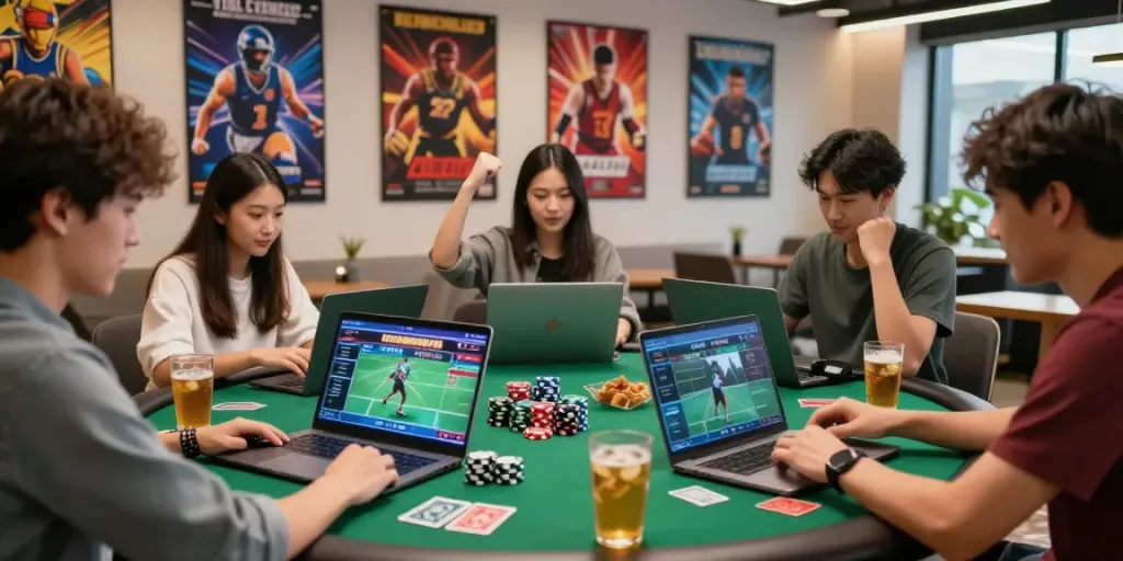 KANTORBOLA online betting scene with enthusiastic players enjoying sports wagering.