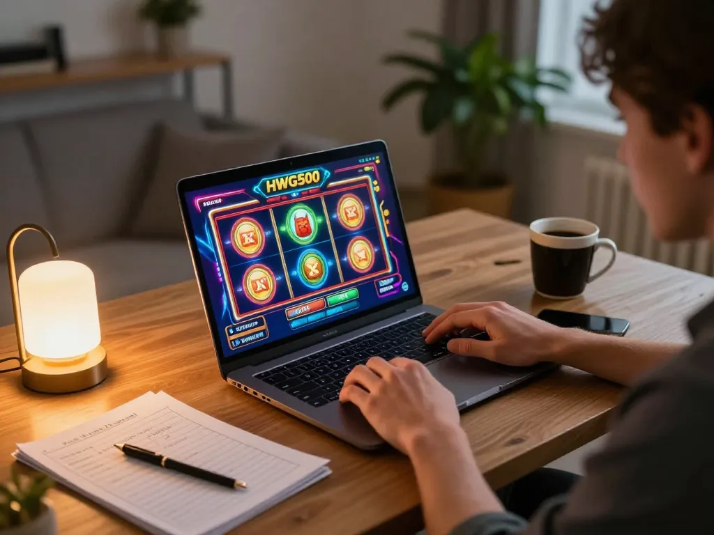 Pemain menikmati permainan slot yang menarik di hwg500 dalam pengaturan permainan rumah yang nyaman.