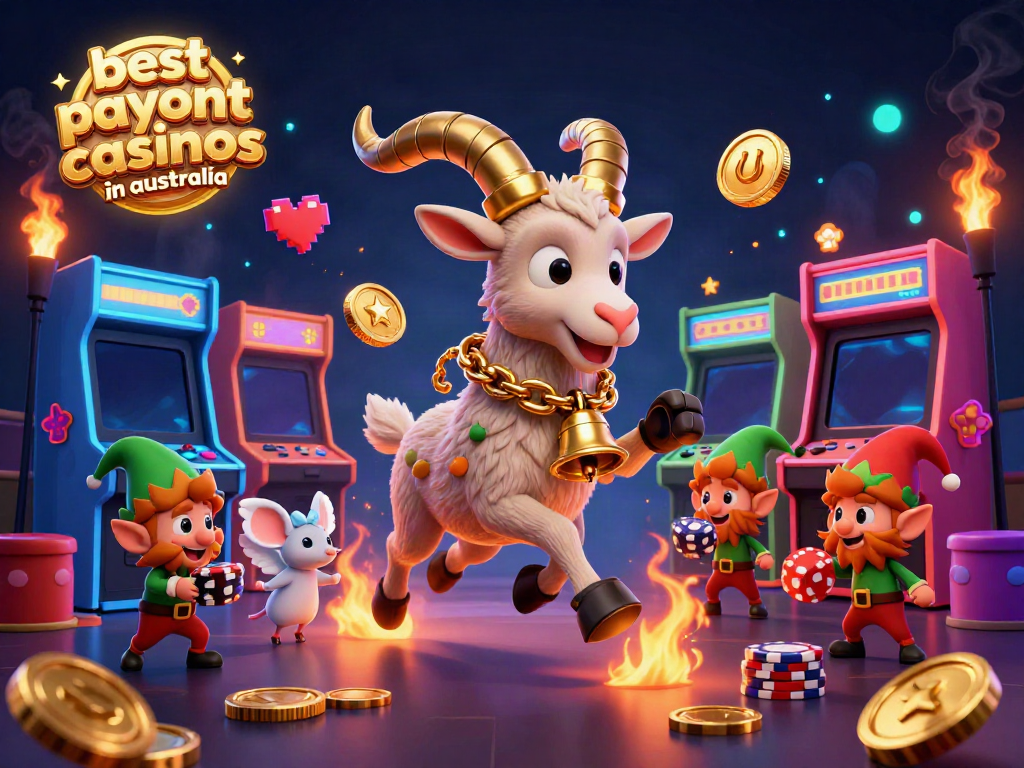 Engage in the best payout online casinos in Australia with a festive casino atmosphere featuring a Krampus goat, angel mouse, and elf gremlins.