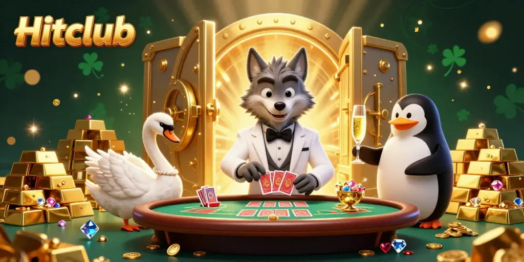 Hitclub offers a luxurious gaming experience with a debonair wolf, elegant swan, and sophisticated penguin in a casino scene.