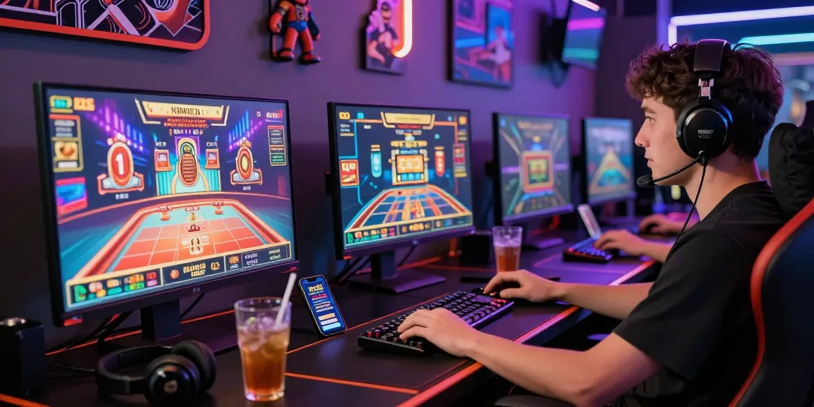 Exciting KK55 online gambling scene with a gamer at a modern desk, vibrant casino graphics on screens.