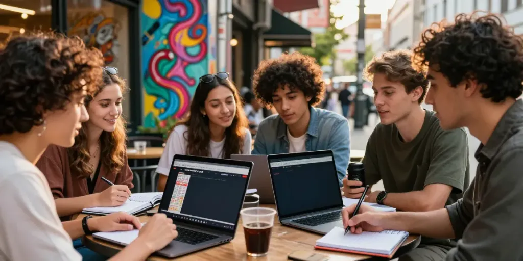 Sekelompok teman berdiskusi strategi togel di kafe dengan laptop menampilkan situs BUKUMIMPI138.