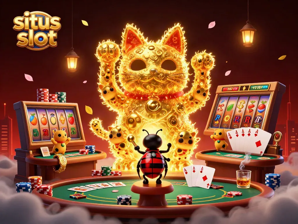 Situs slot menampilkan kucing keberuntungan berapi-api di lingkungan kasino yang penuh simbol dan elemen permainan.