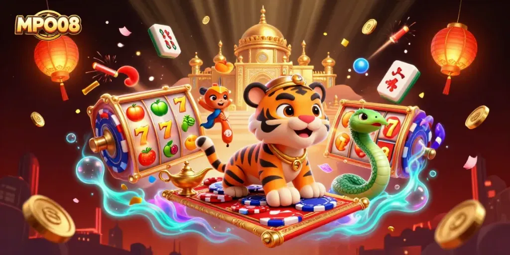 MPO08 offers exhilarating gaming with an Arabian Nights-themed tiger sultan and vibrant slot reels.