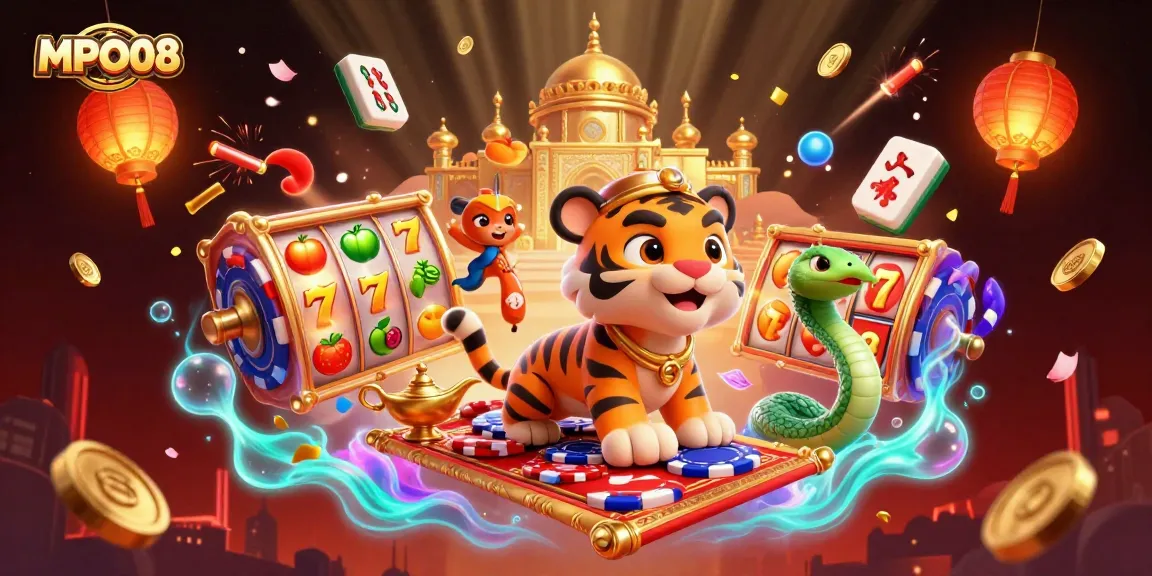 MPO08 offers exhilarating gaming with an Arabian Nights-themed tiger sultan and vibrant slot reels.