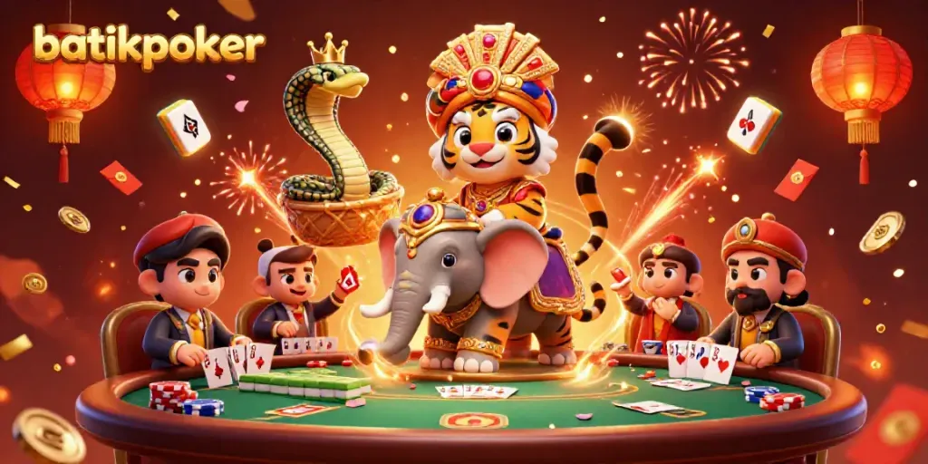 Bermain poker di batikpoker, dikelilingi karakter yang ceria dan elemen permainan yang berkilau.
