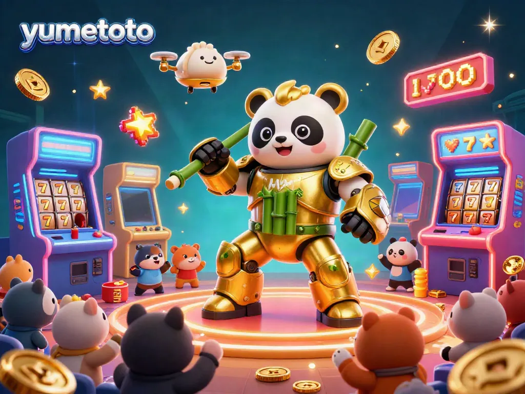 Join the excitement at yumetoto with a golden panda in a thrilling casino-themed 3D illustration showcasing vibrant game elements.