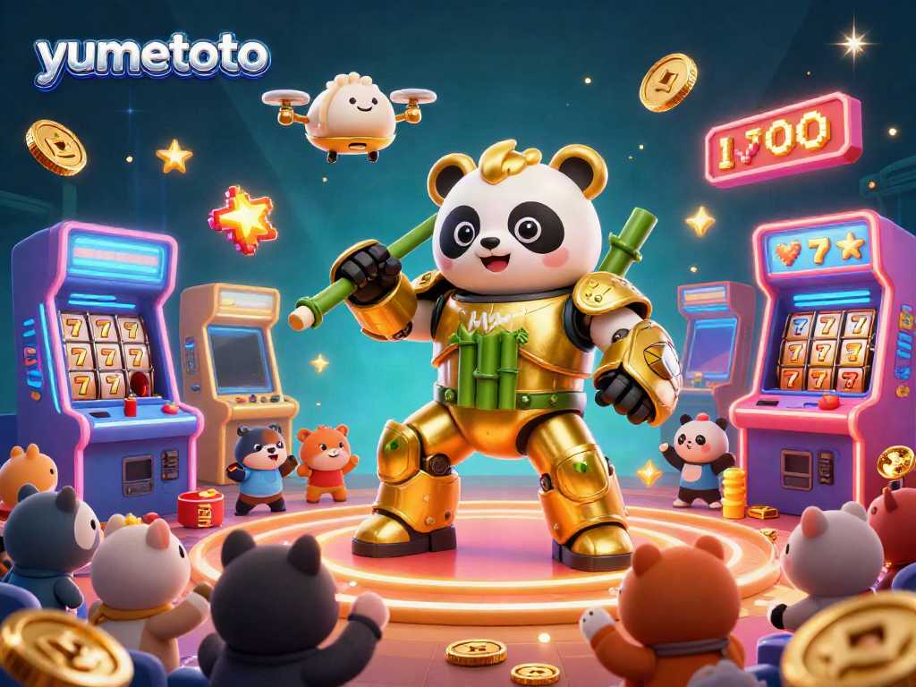 Join the excitement at yumetoto with a golden panda in a thrilling casino-themed 3D illustration showcasing vibrant game elements.