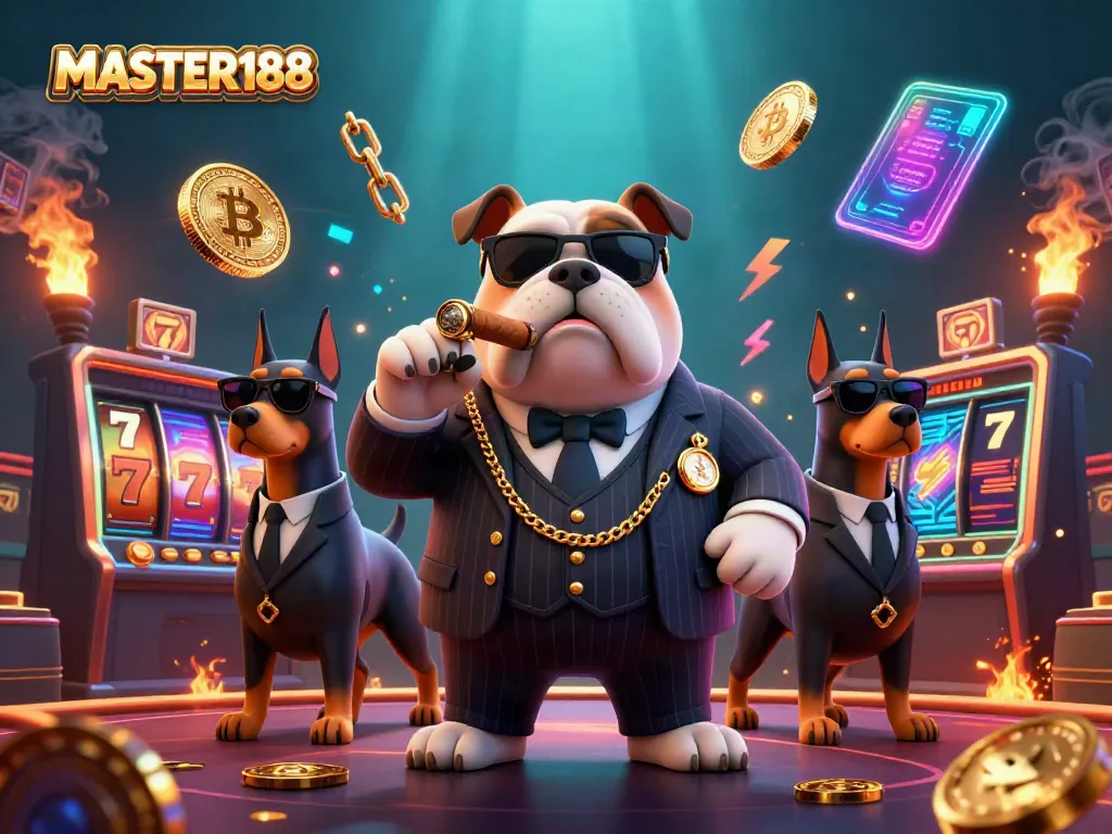 Experience thrilling gameplay at MASTER188 with high-stakes slot design featuring a mafia boss and dynamic casino elements.