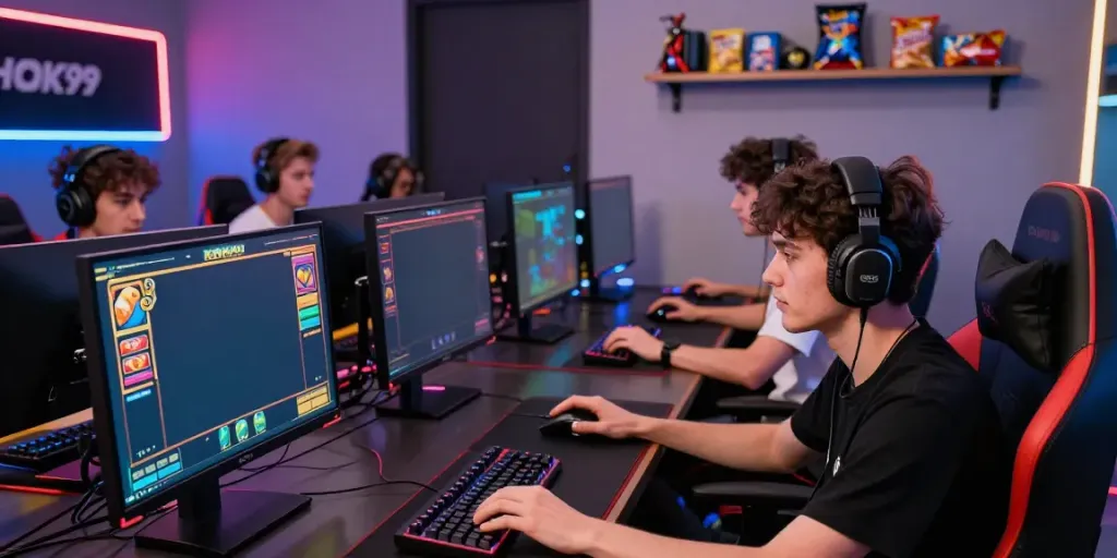 Gamer fokus menggunakan HOKI99 dengan perangkat modern di ruang permainan yang stylish.
