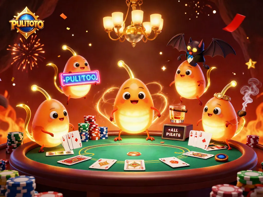 PULITOTO lights up a vibrant poker scene with glowing characters and festive decorations