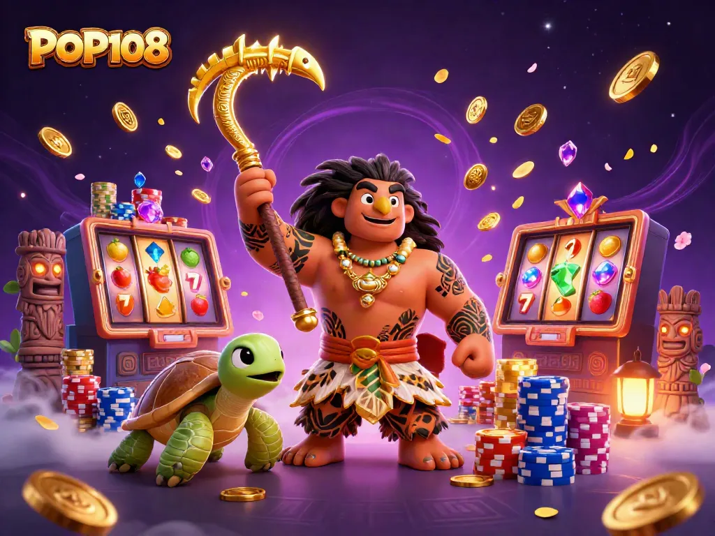 POP108 membawa keberuntungan dalam permainan slot dengan koin emas dan simbol beruntung.