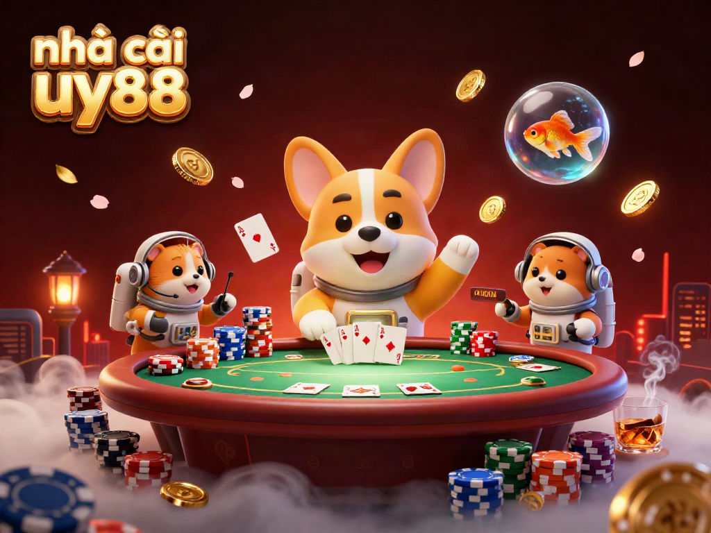 Experience the fun at nhà cái uy88 with this hyper-detailed casino-themed 3D illustration of playful characters.