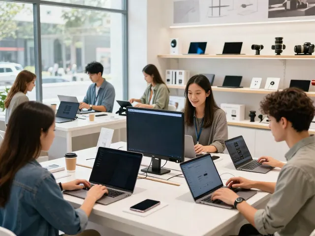 Interactive e-commerce shop display featuring various Produk categories, with customers exploring diverse products in a bright, inviting environment.