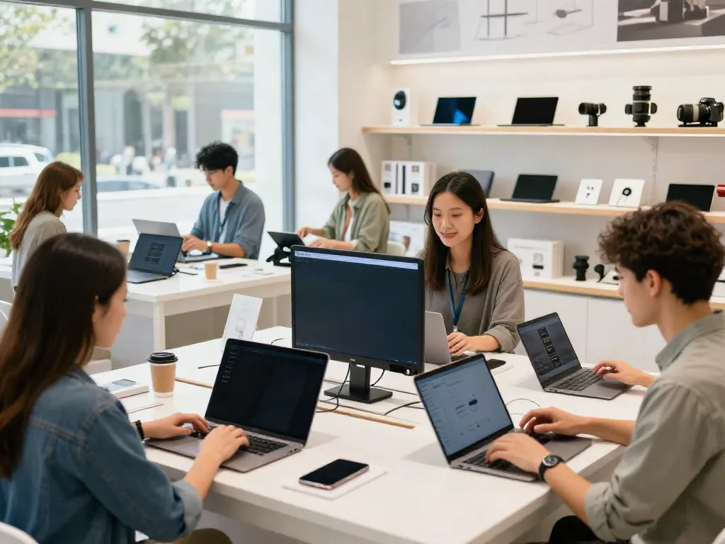 Interactive e-commerce shop display featuring various Produk categories, with customers exploring diverse products in a bright, inviting environment.