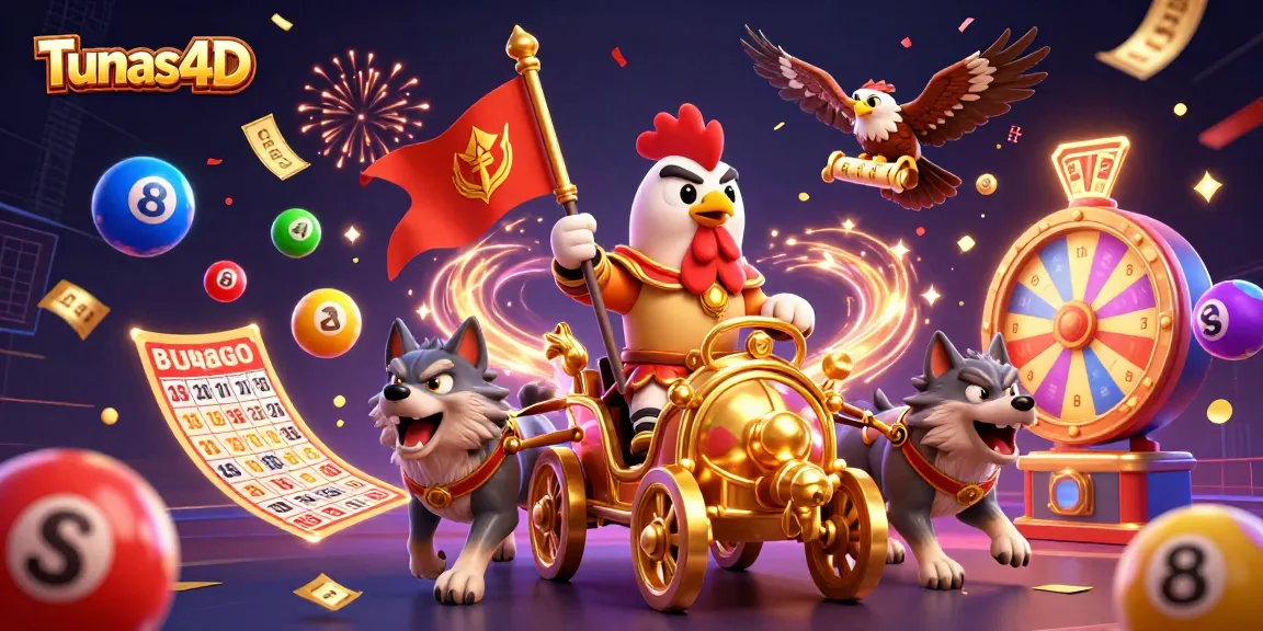 Tunas4D memamerkan suasana meriah permainan togel online dengan bola lotere berwarna-warni dan tiket emas yang berkilau