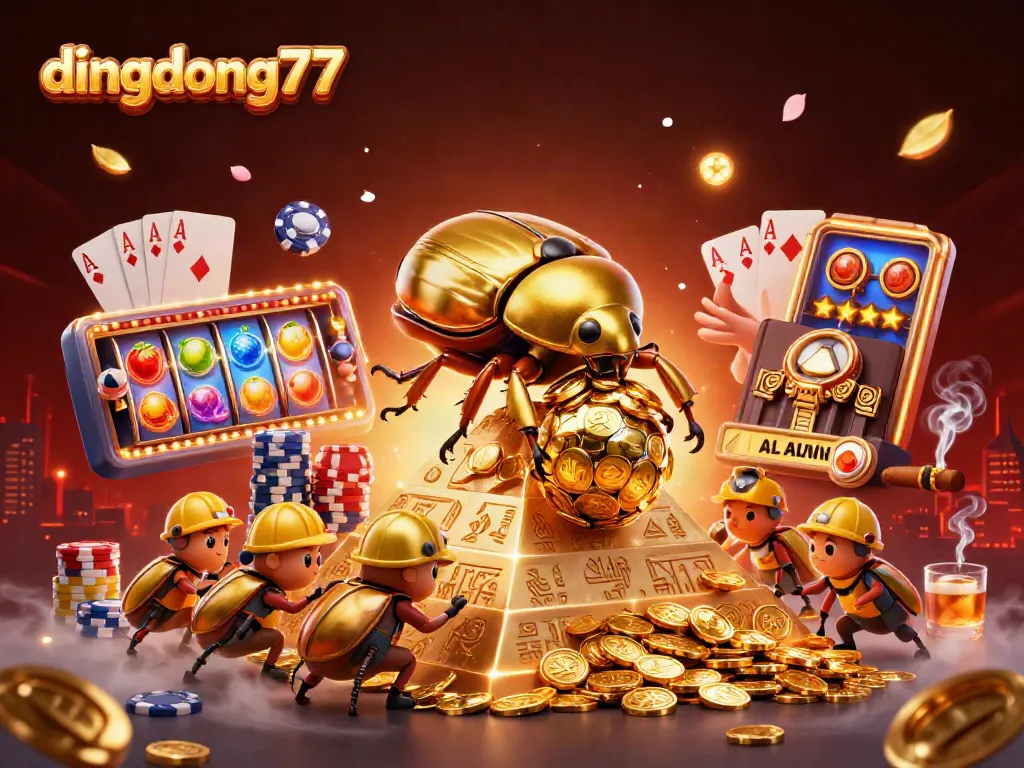 Experience the excitement of dingdong77 with a golden beetle rolling coins amidst vibrant slot reels and casino elements.