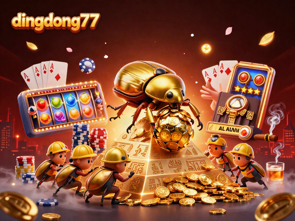 Experience the excitement of dingdong77 with a golden beetle rolling coins amidst vibrant slot reels and casino elements.
