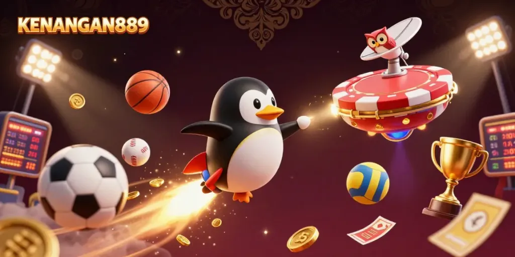 Experience winning thrills with KENANGAN889 as a golden penguin navigates a vibrant casino space.